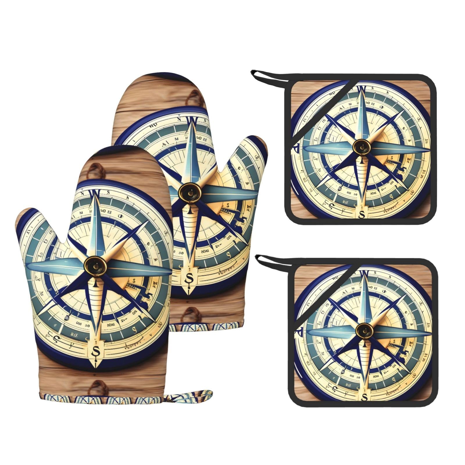 Maritime Sailboat Compass Print Kitchen Heat Resistant Set,Cooking Kit With Hanging Loop For Baking & Bbq