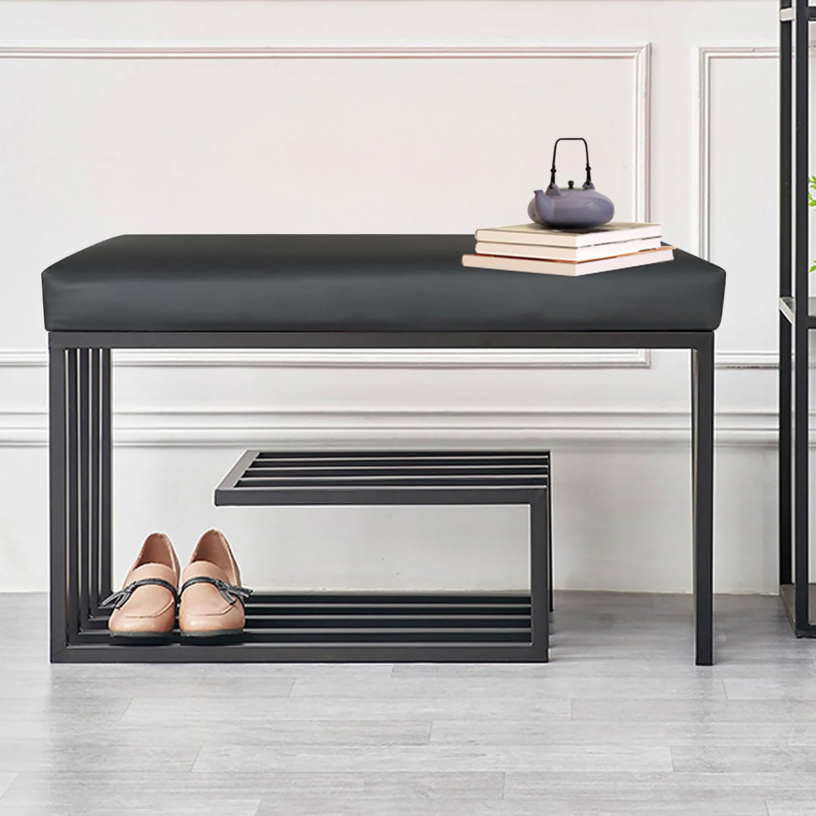 Banc à chaussures pour couloir meuble de rangement d'entrée en métal noir
