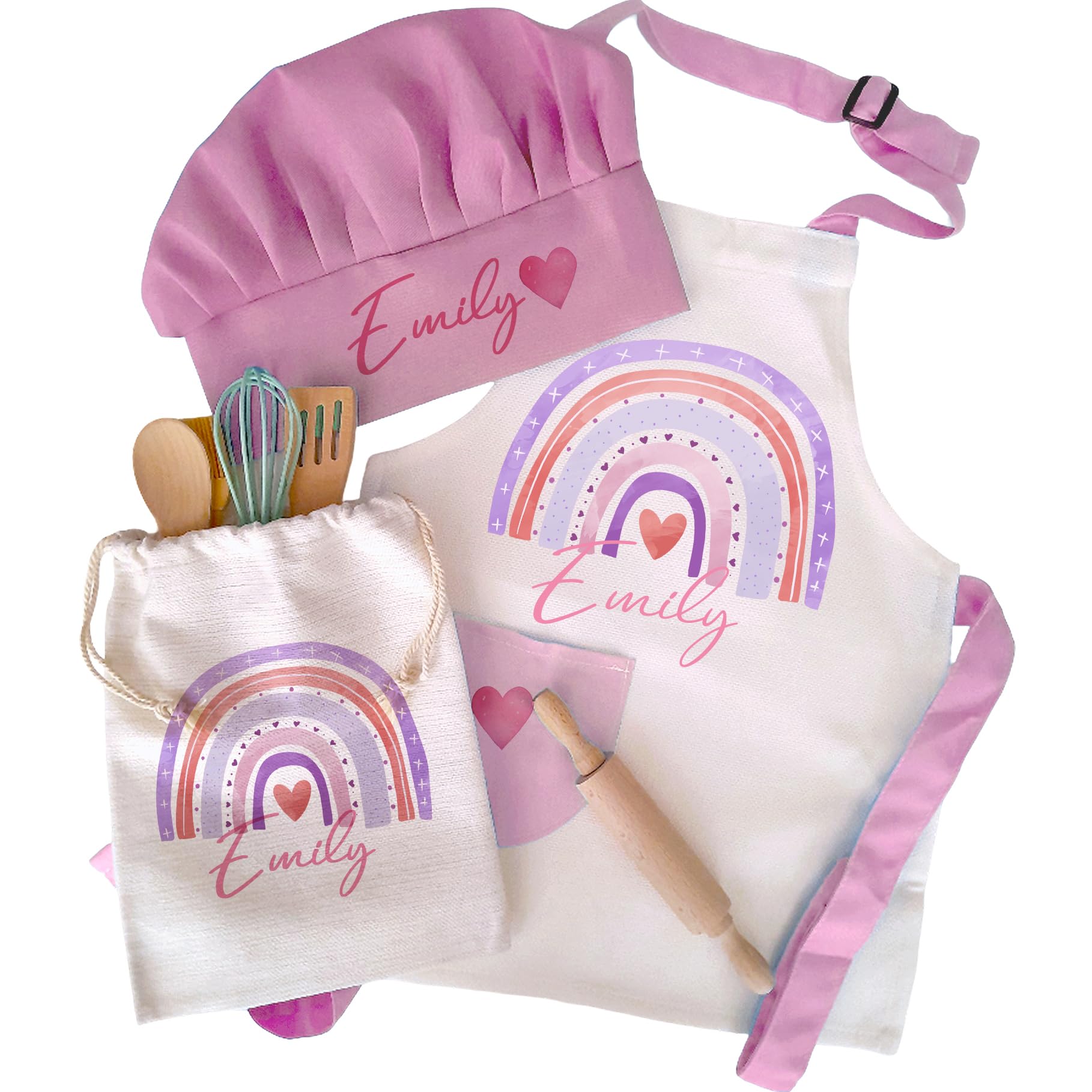 Personalised Junior Apron and Chef Hat Set - Custom Name Rainbow Baking Set for Girls & Boys - linen Drawstring Storage Bag - Toddler Cooking activity, Kitchen set Accessories - Pink & Purple