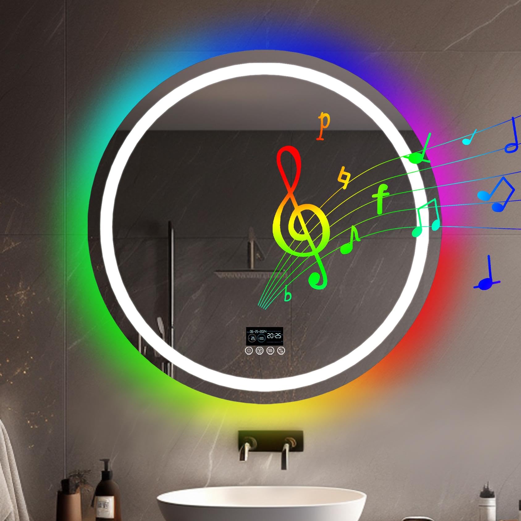 LUVODI Bathroom Mirror with LED Lights: 800mm Round Wall Illuminated Mirror with Bluetooth Dimmable 3 Colours Front Light + RGB Backlit, Anti-fog, Memory Function, Time Temperature Display — image 1