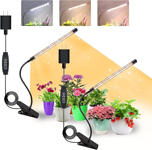 Luces de cultivo de plantas de espectro completo de 2 cabezales para plantas de interior con cables de 10 pies, 10 niveles regulables y temporizador