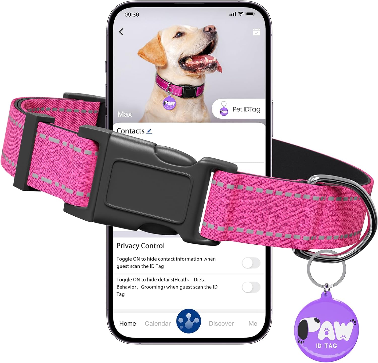 Pawduct Reflective Dog Collar for Medium Dogs - Smart QR ID Tag, Personalized, Quick Release Buckle, Hot Pink Adjustable Nylon