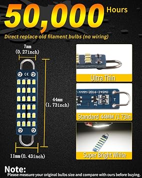 QasimLed 44MM 1.73 Car Rigid Loop Festoon Led Bulb 2016 Chip Super Bright 211-2 212-2 561 578 Reading Dome Lamps Cargo/Trunk Lights AC/DC 12V White,Pack of 4