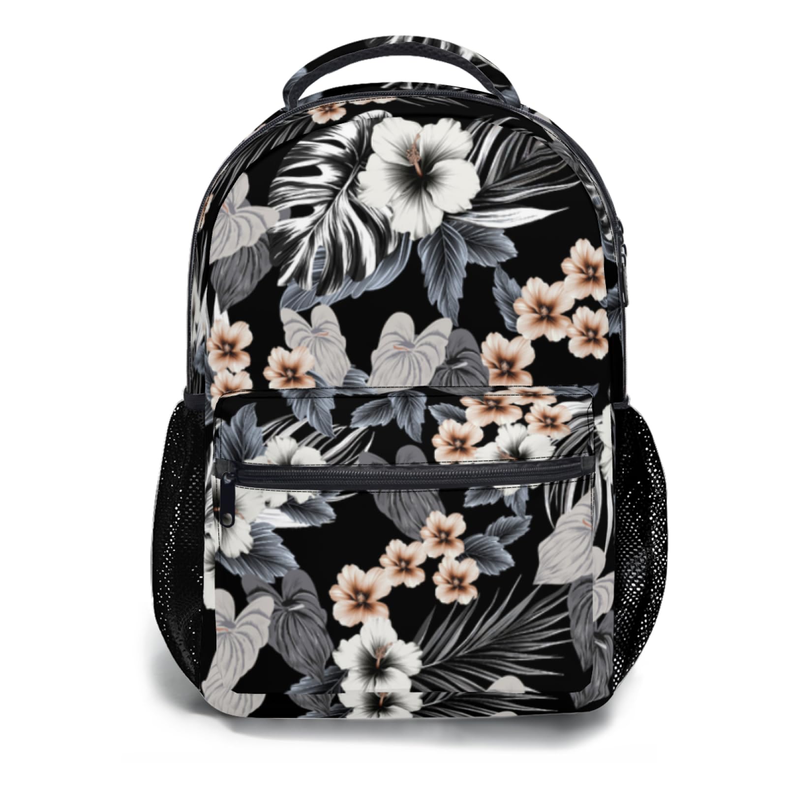 Ancordivo Hawaiian Black Floral Print Backpack Tropical Beachy Flower Leaf School Bookbag Summer College Shoulders Back Pack for Travel Hiking Camping