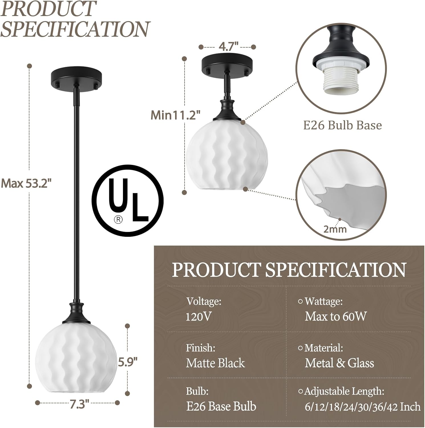 Black Pendant Lights Kitchen Island 2 Pack, 7.3" Modern Pendant Light Fixtures with Frosted Milk Glass, Adjustable Height Hanging Lighting for Kitchen Sink Bathroom, E26 Base