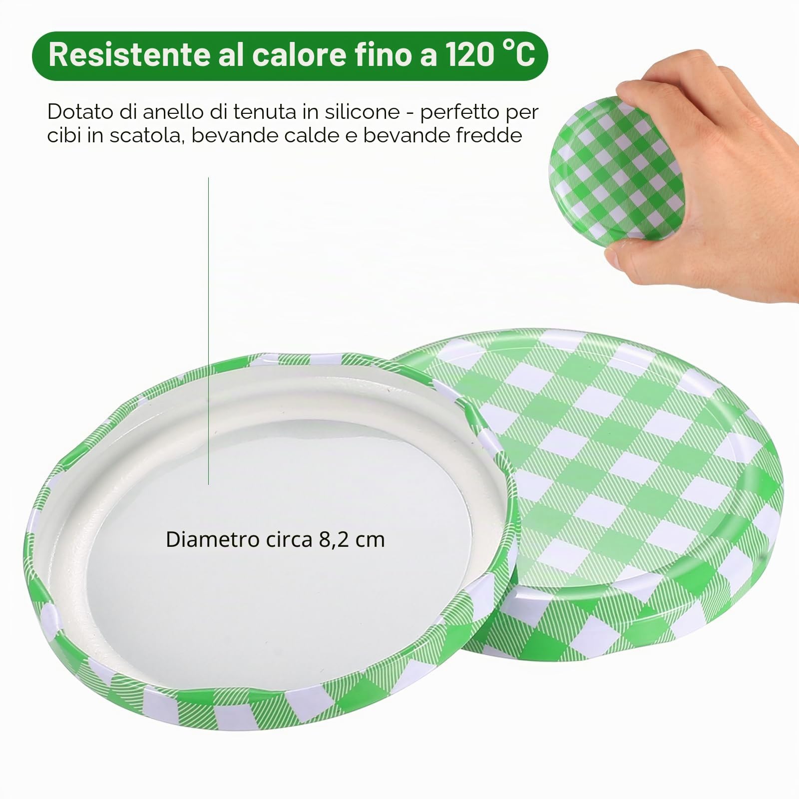 50 Pz Coperchi Twist Off da 82 mm, coperchio per barattoli di conserve, coperchio per conserve TO 82 mm a quadretti, colore verde a vite per Barattoli