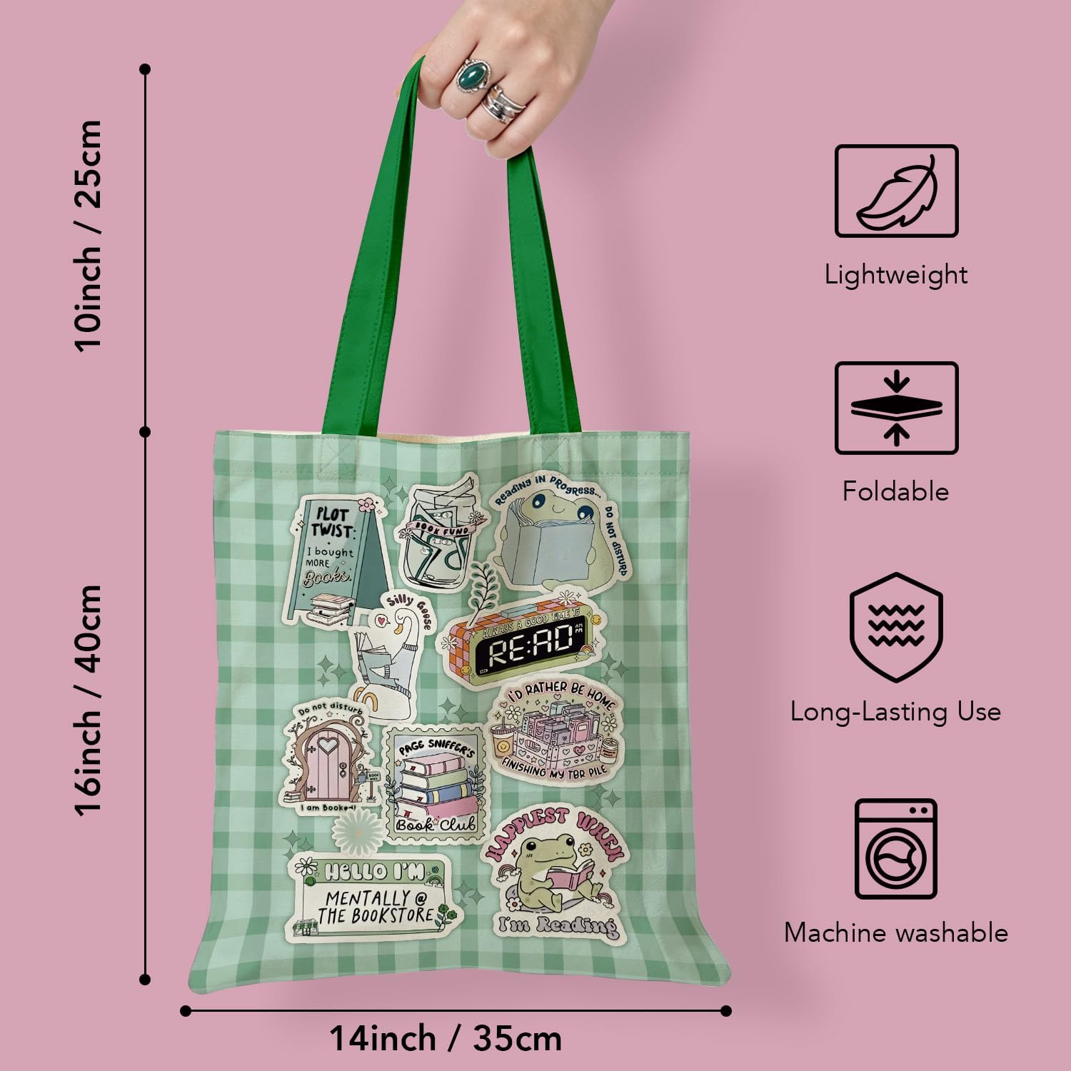 Funny Book Lovers Gifts for Women, Green Gingham Tote Bag image 4