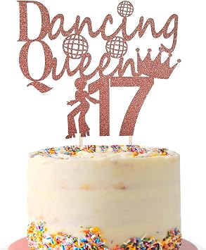 17th Birthday Cake Topper for Girls, Rose Gold Glitter Dancing Queen Cake Topper, 17 Fabulous Cake Pick Birthday Sign Cake Decorations for Hello 17 Cheers to 17 Years Party Rose Gold