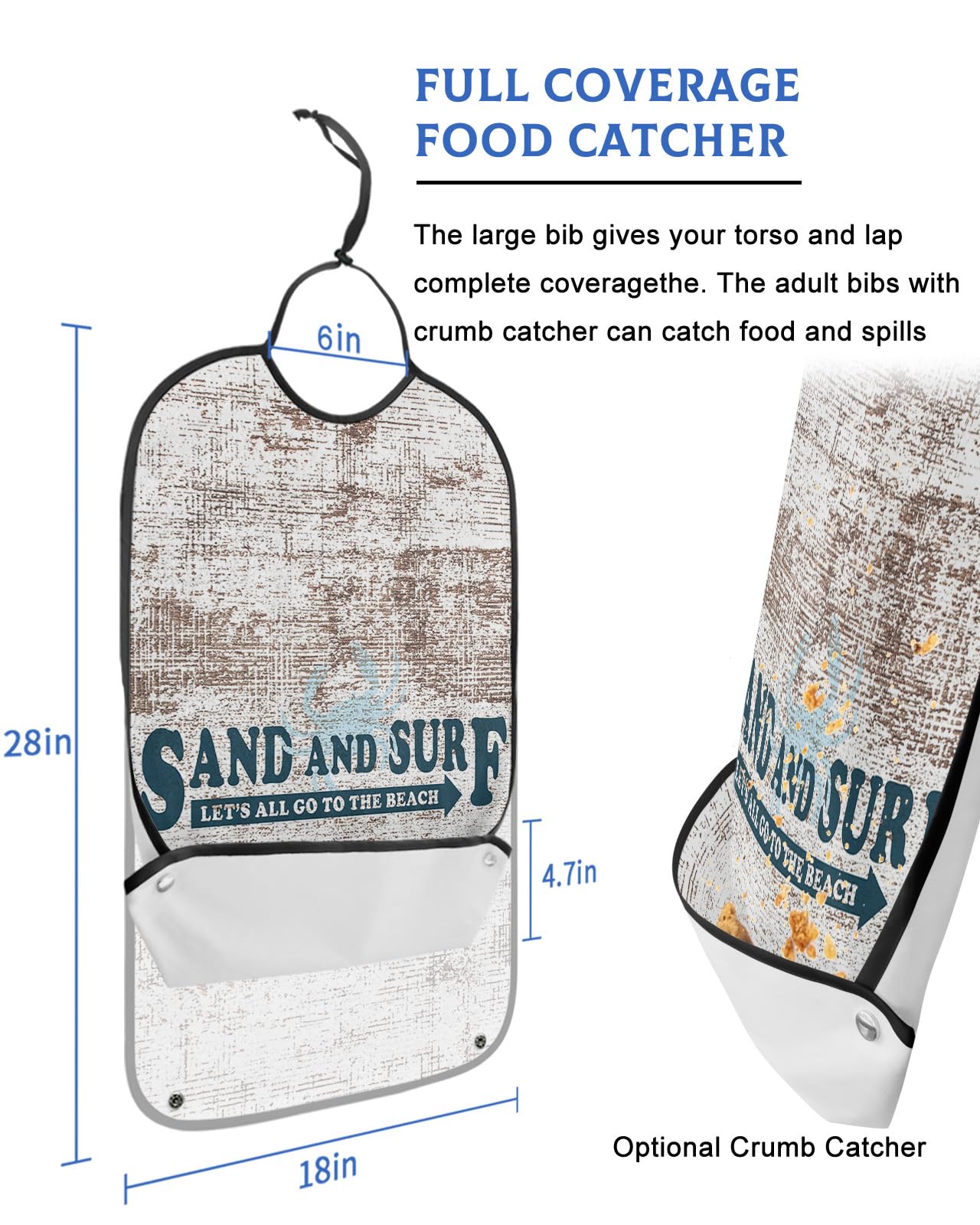 LEOKOTI Summer Beach Crab Adult Bibs for Eating, Waterproof Bibs with Food Catcher & Adjustable Snap Closure, Sand and Surf Rustic Beige Washable Clothing Protectors Adult Bibs for Elderly Women/Men