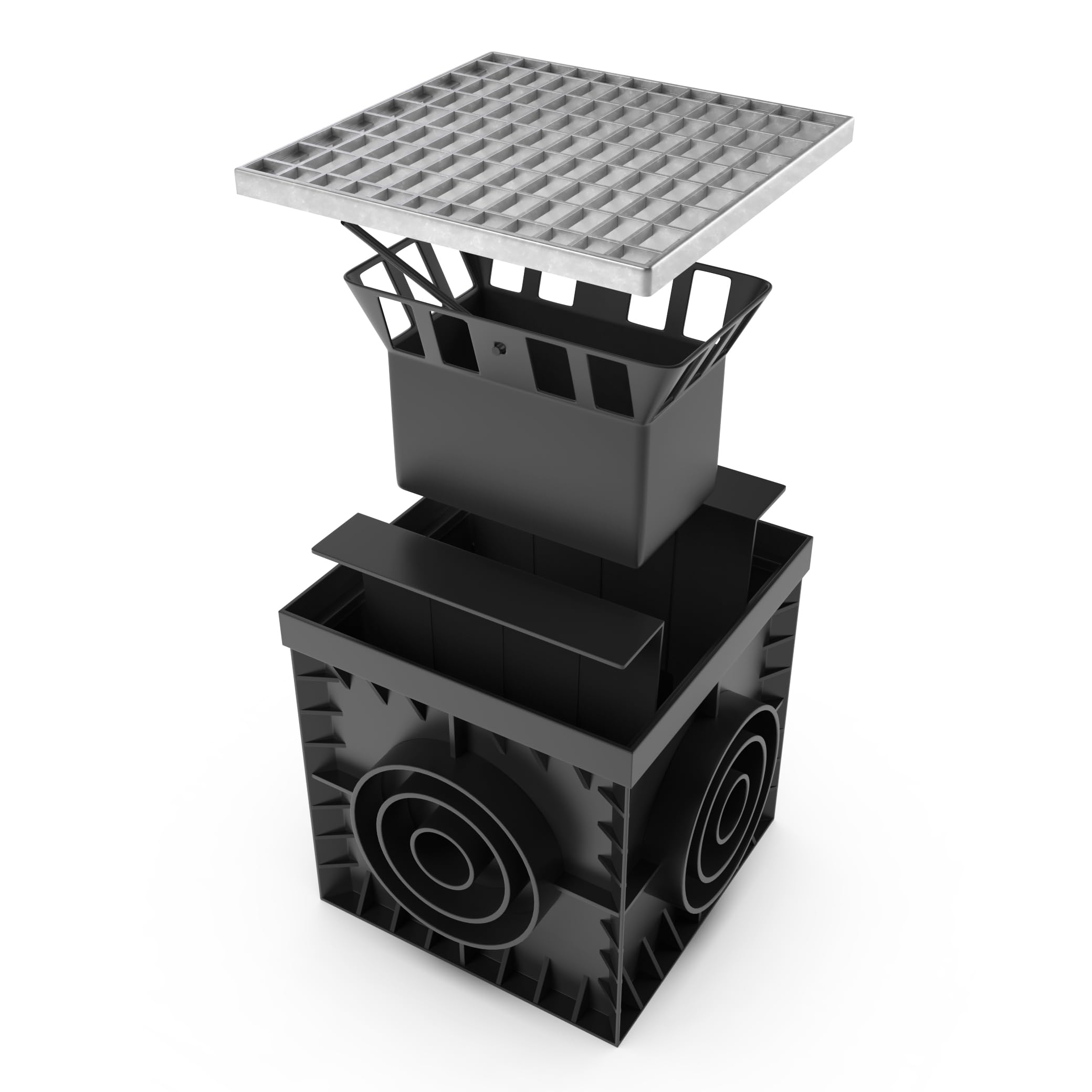 Vodaland 300x300 Yard drain - Load Class A15 - Plastic catch basin with silt basket (Galvansied grate)