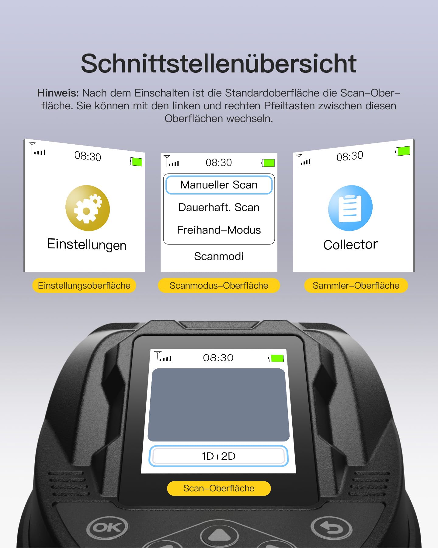 Inateck Barcode Scanner Bluetooth, 2D 1D Wireless Handheld Scanner, QR Code Scanner, mit Screen und Smart Base, CMOS CCD Dual Module, Größere Reichweite, Unterstützt App SDK, P8 SE
