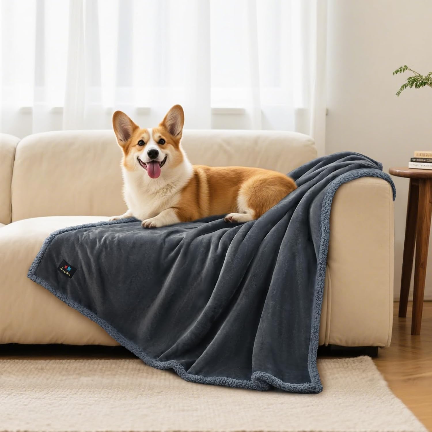 Luciphia Waterproof Bed Blanket Washable, Soft Sherpa Fleece Puppy Reversible Throw Blankets for Medium Large Dog Cat, Furniture Cover Protector Couch Bed from Liquid Pee and Pet Fur, Grey,85" x 57"