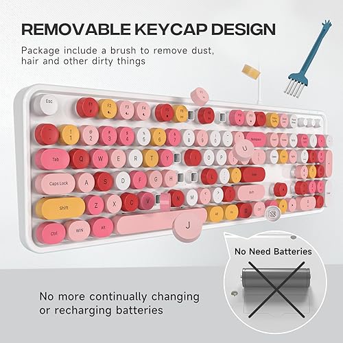 Miniatura 2 de Teclado de computadora con cable, teclado retro de máquina de escribir de tamaño completo con teclas redondas, teclado USB plug and play para PC,