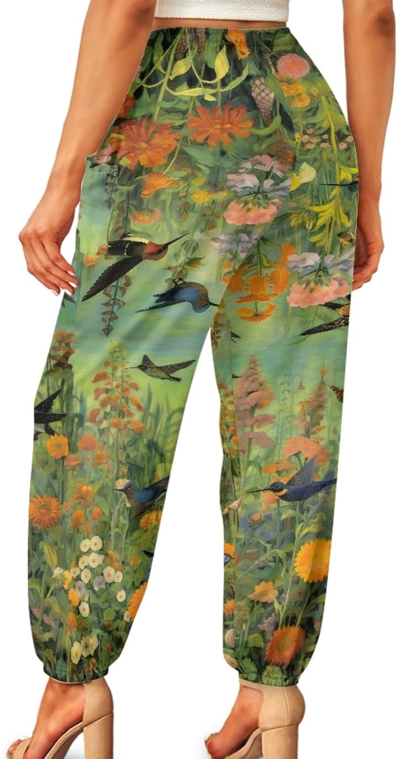 Forchrinse Tropical Birds Flower Womens Flowy Pants Comfy Loose Sweatpants High Waist Soft Yoga Joggers Pants Harem Pants for Women Plus Size,S-4XL, Large