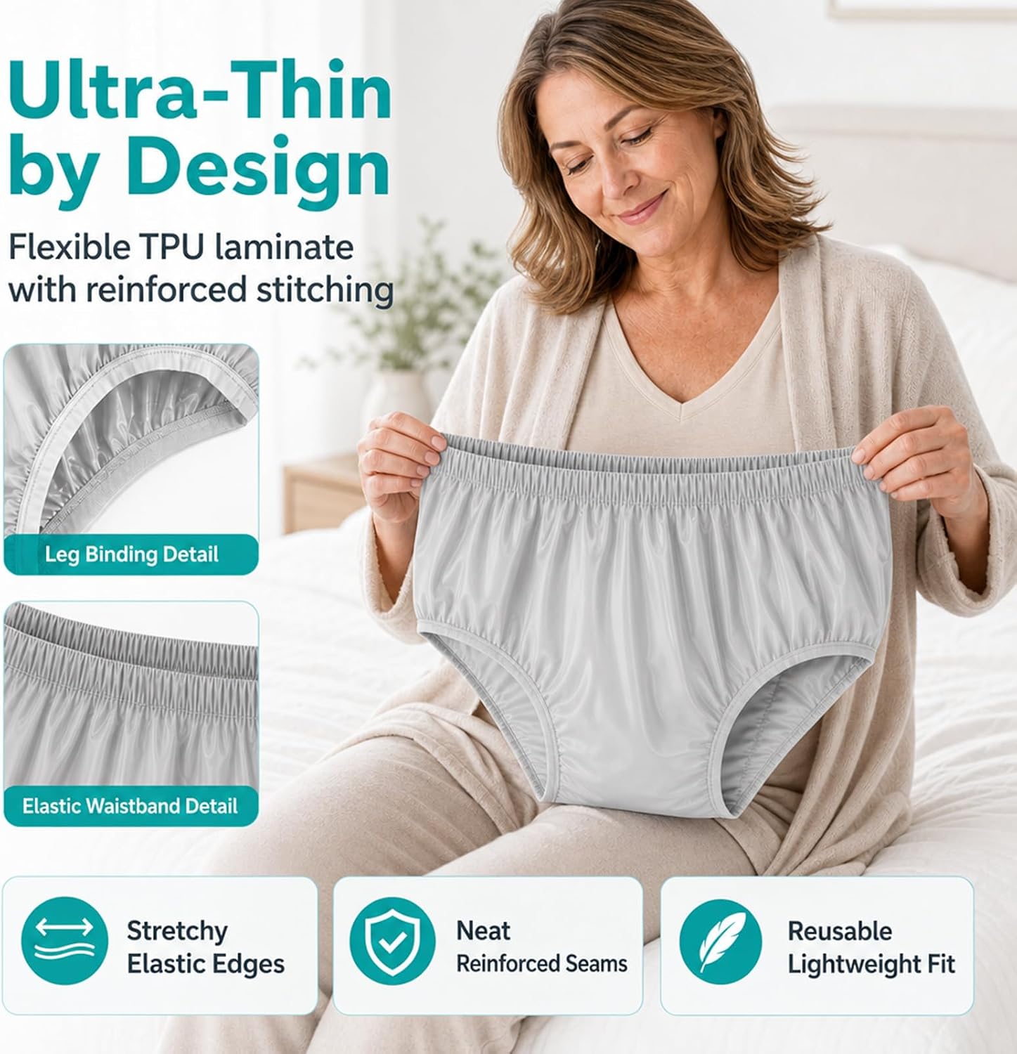 AQX Adult Leakproof Underwear for Incontinence, Washable Low Noise Reusable Adult Diaper Cover, Grey Plastic Pants Cover Unisex 2Pcs