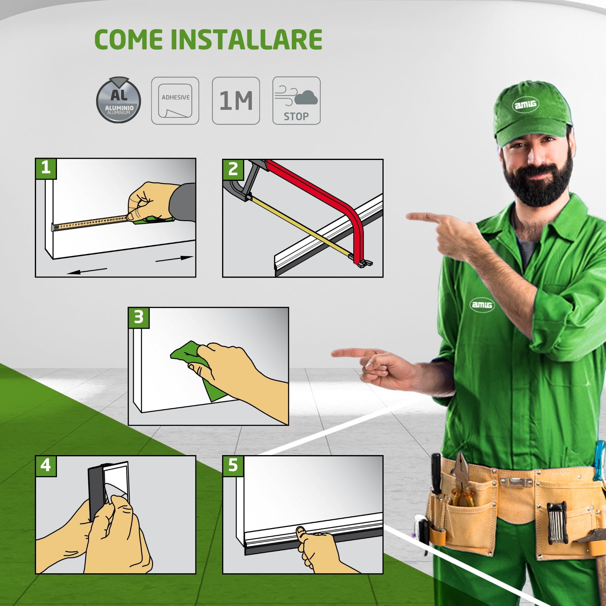 Amig - Paraspifferi adesivo modello 7 | Isolante in PVC per porte | Protezione contro aria, insetti e acqua | Installazione facile | Quercia, 1 m, Imitazione legno