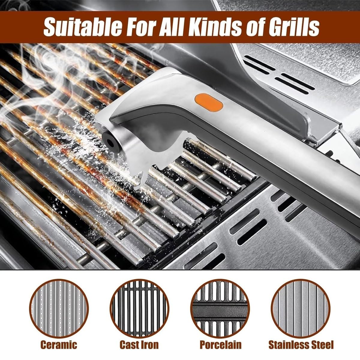 Spazzola for griglia elettrica con serbatoio dell'acqua da 500ml,spazzola pulizia barbecue ricaricabile senza fili rotante a 360° con 2 testine in acciaio inossidabile,for griglie,ripiani della cucina