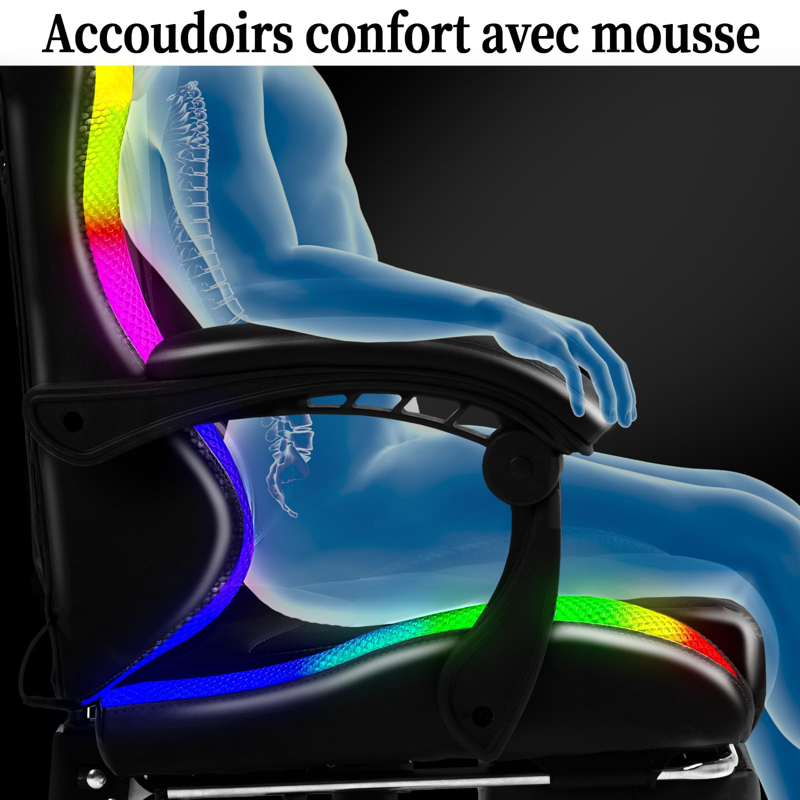 Czlolo Chaise Gaming Ergonomique avec Coussin Lombaire massant, LED RGB Réglage Complet Dossier & Hauteur & Repose-Pieds – Fauteuil Confort – Bleu