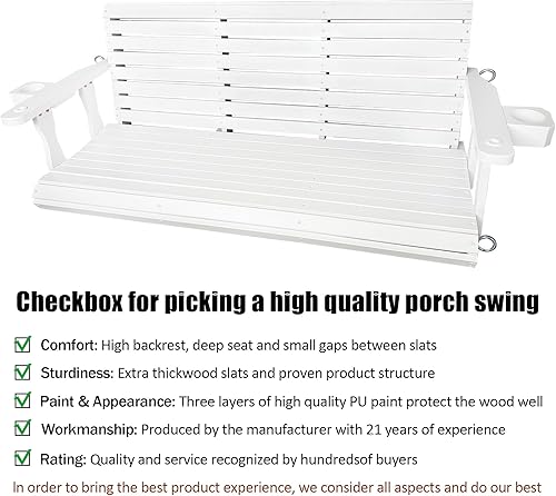 Miniatura 29 de Columpio de madera para porche de 2 plazas, respaldo alto y asiento profundo, columpio de banco con portavasos, cadenas colgantes y resortes