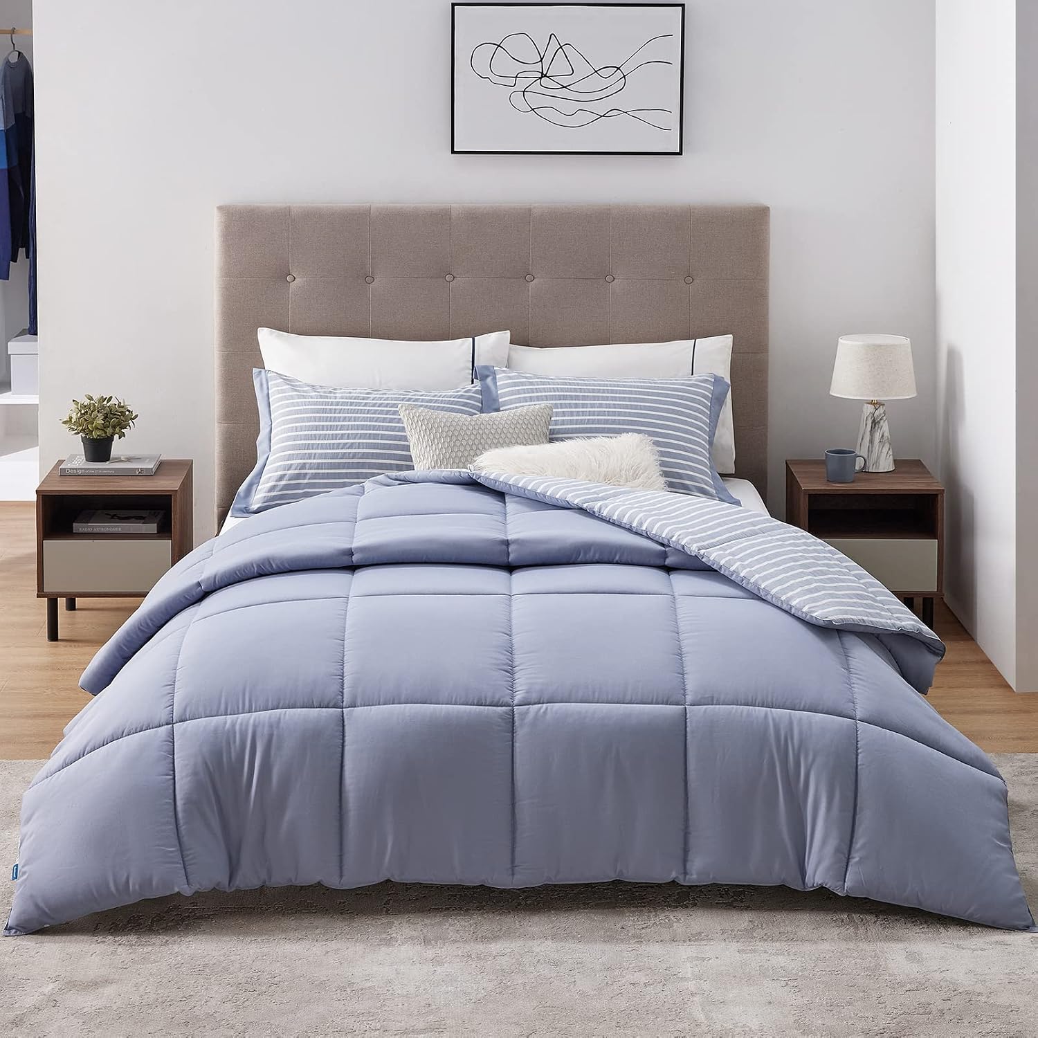 Bedsure Queen Size Comforter Set - Percale Stripes Down Alternative Blue Comforter Sets Box Stitching Duvet Insert, All Season Bed Set with 2 Pillow Shams (Queen/Full, 88x88'', 3 Pieces)