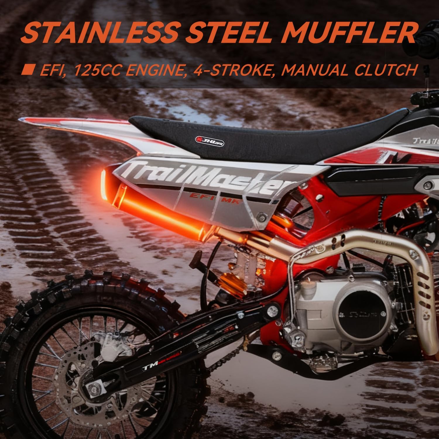 Close-up of the stainless steel muffler on the Trailmaster MK125E dirt bike.