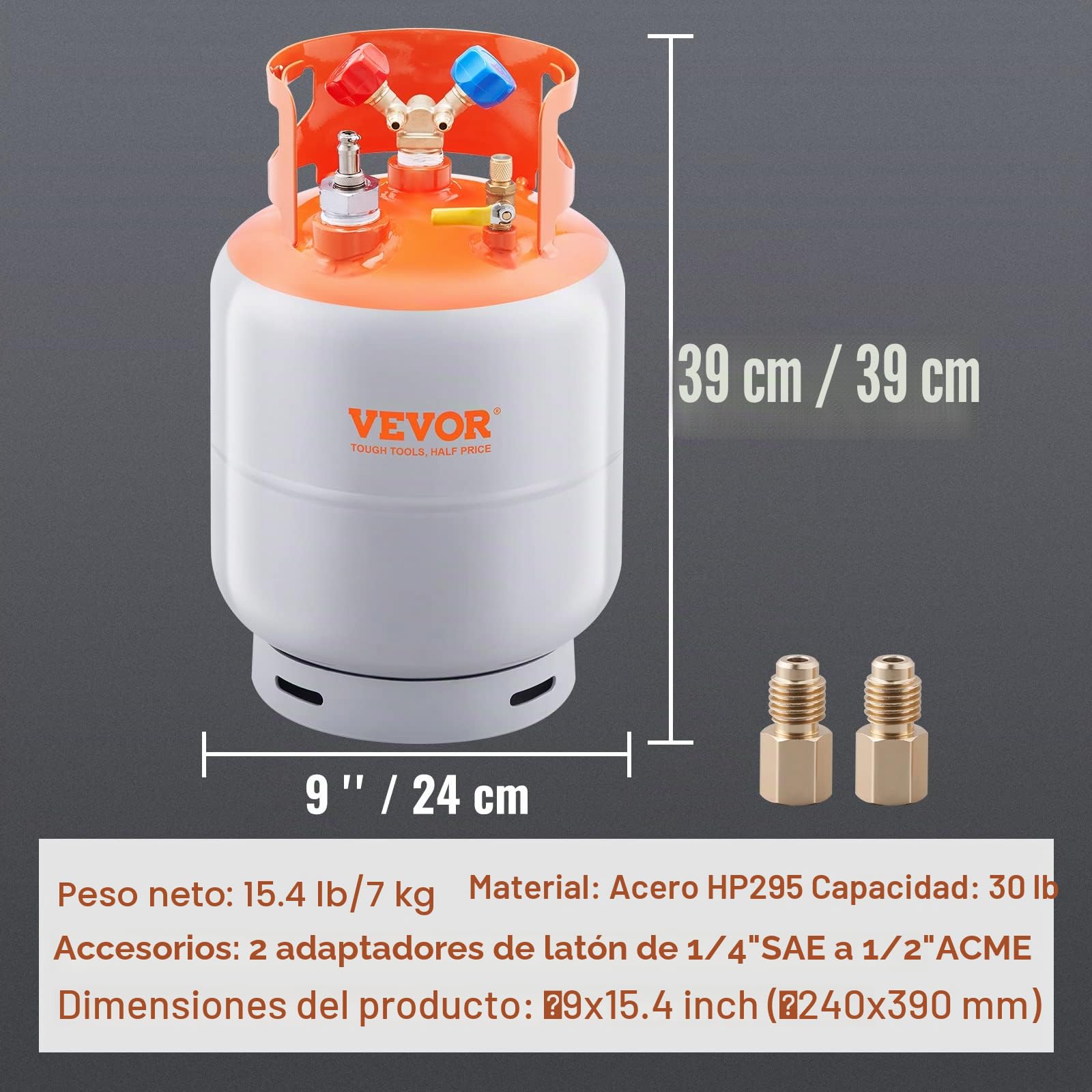 VEVOR Tanque de recuperación de refrigerante con interruptor flotante, tanque de recuperación de CA de 30 lb de capacidad con adaptador de ¼ a ½, tanque de recuperación HVAC reutilizable