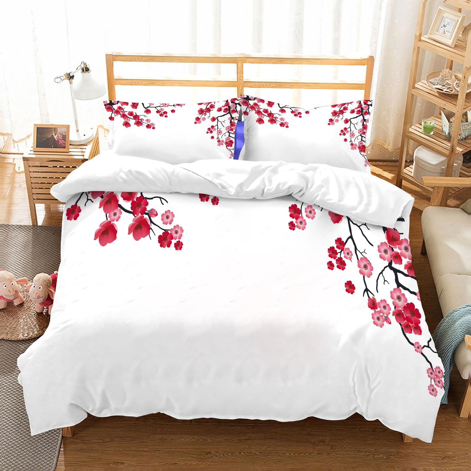 Ensemble de literie 200x228cm en microfibre haute qualité avec motif sakura et 2 taies d'oreiller