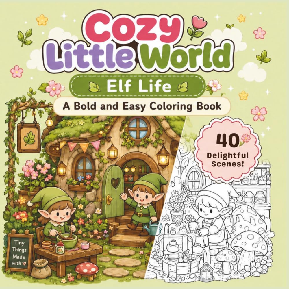 Cozy Little World - Elf Life: A Bold and Easy Coloring Book with Tiny Elves, Garden Corners, and Cozy Home Scenes