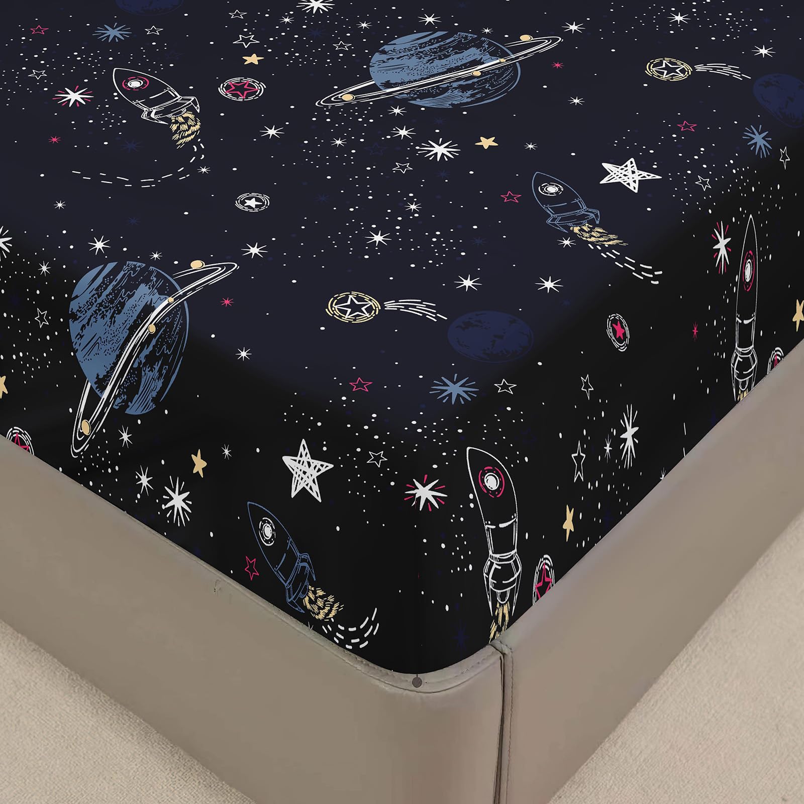 Surwin Small Double Fitted Sheet Rocket Print Fitted Bed Sheets, Soft Brushed Microfiber Fitted Sheets, 30cm Deep Pocket, Easy Care Fade Resistant, Universe Bedsheets — image 1