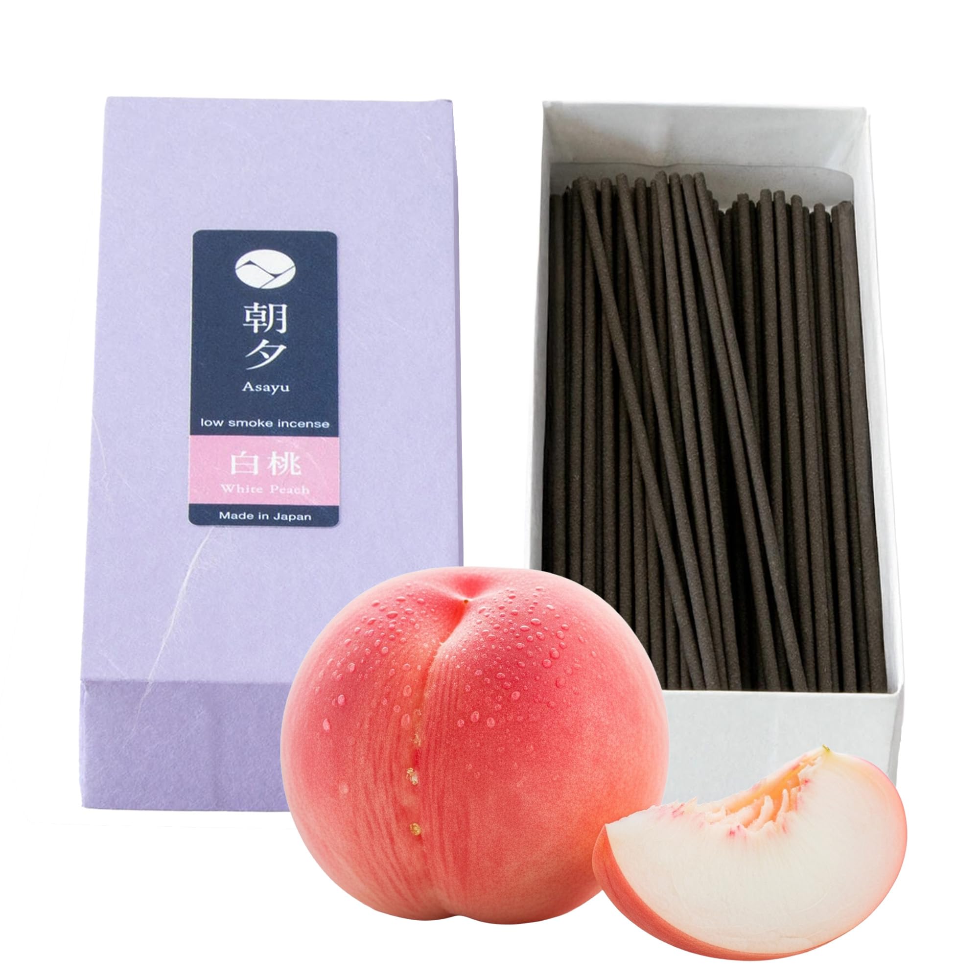 Asayu Japan Incense Sticks with Low Smoke for Morning or Evening Meditation, Relax or Yoga, Made in Japan 40gr - White Peach-Scent