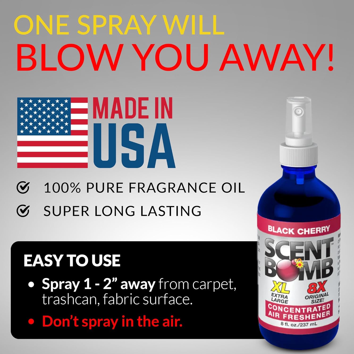 Scent Bomb Air Freshener Bundle - 1 oz & 8 oz Bottle Sprays, Vent Clip, Organic Cans, Hanging Circle - Continuous Freshness & Long-Lasting Odor Eliminator for Car, Home, Bathroom - Black Cherry