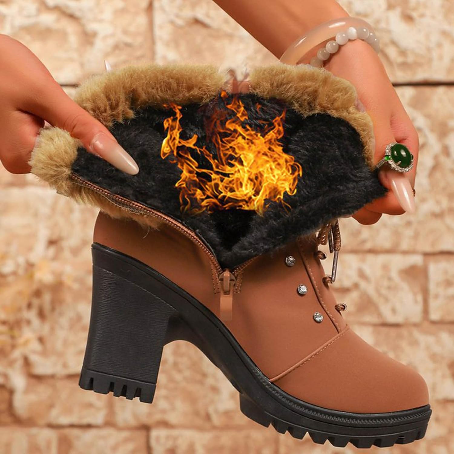 Women's Fur Lined Lace Up Ankle Boots Winter Warm Riding Boots Chunky Heel Lug Sole Suede Boot