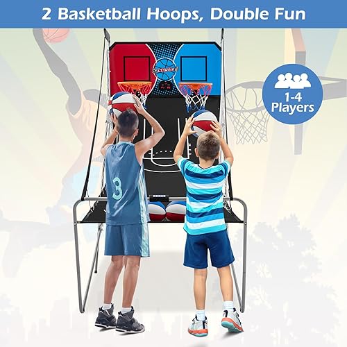 Vista 16 de Goplus Juego de arcada de baloncesto plegable de doble tiro, juego de aro de baloncesto con puntuación electrónica, 8 modos de juego, 4 bolas, Negro