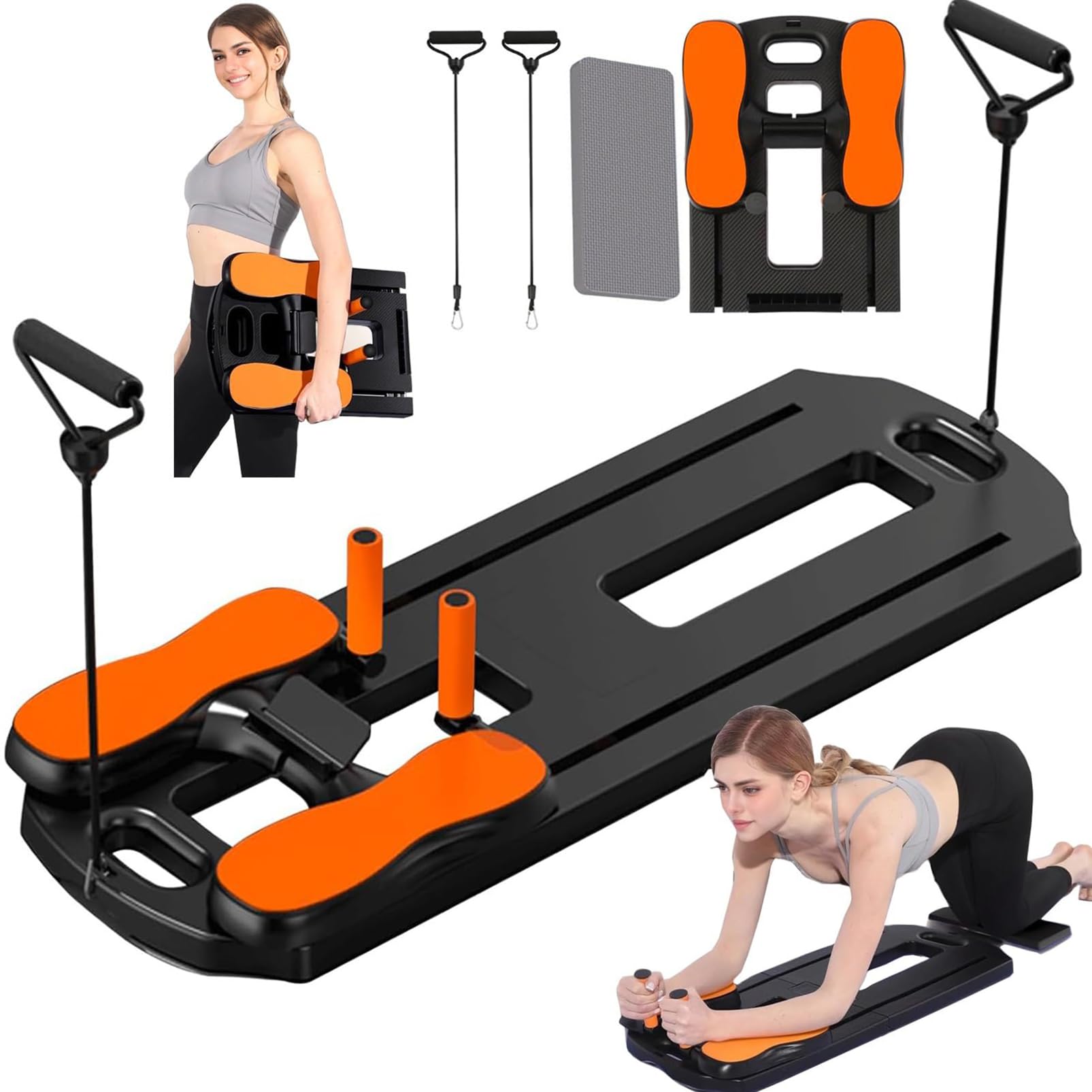 Pilates Reformer Board mit Bauchmuskelroller, multifunktionales Heim-Fitnessgerät für Ganzkörpertraining, inklusive Widerstandsbändern, Timer & Telefonhalter