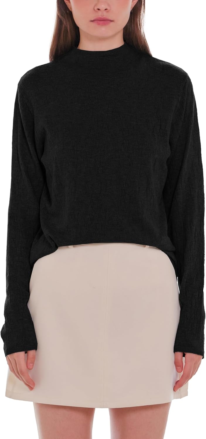 Women's Lightweight Pullover Sweater Mock Turtleneck Solid Color Irregular Texture Long Sleeve Ribbed Knit Tops