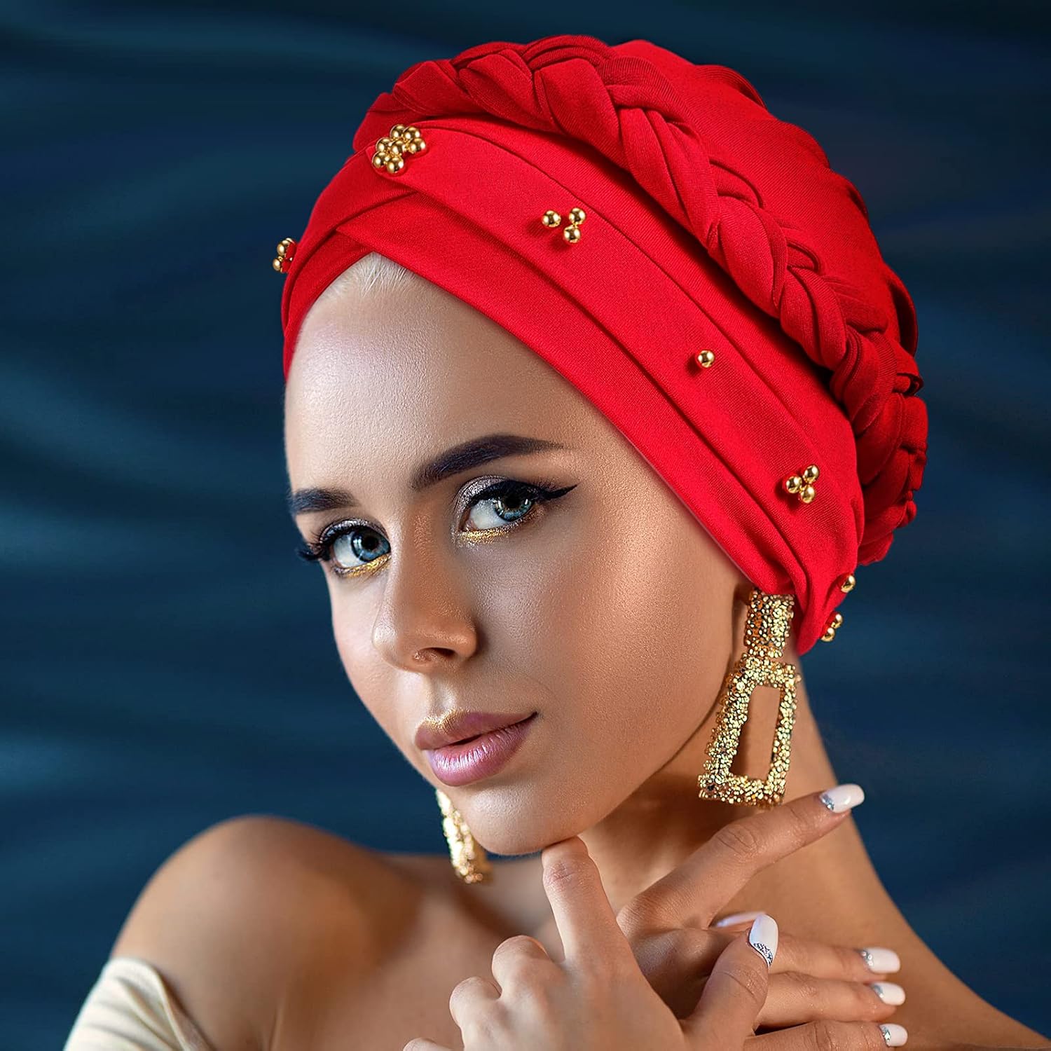 6 Pieces Women African Turban Head Wraps Caps Twisted Braid Beaded Elastic Wrap Cap