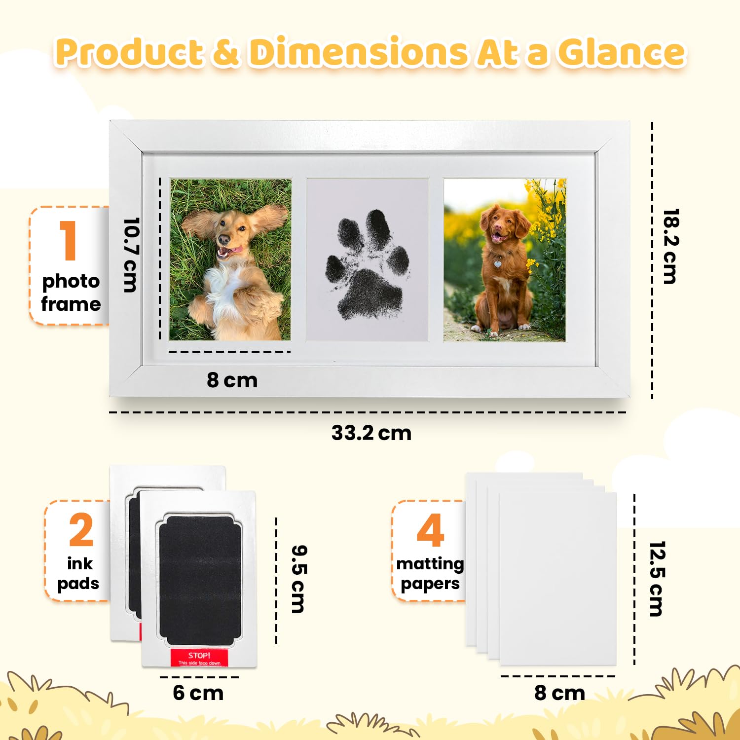 Kit Empreinte Chien Chat, Cadeaux pour Chien avec 2 Tampons Encreurs Sans Encre, 4 Cartes, Kit Empreinte Bebe avec Cadre Photo en Bois, Kit d'Impression pour Bébé de 0 à 6 Mois, Cadre Triple, Blanc