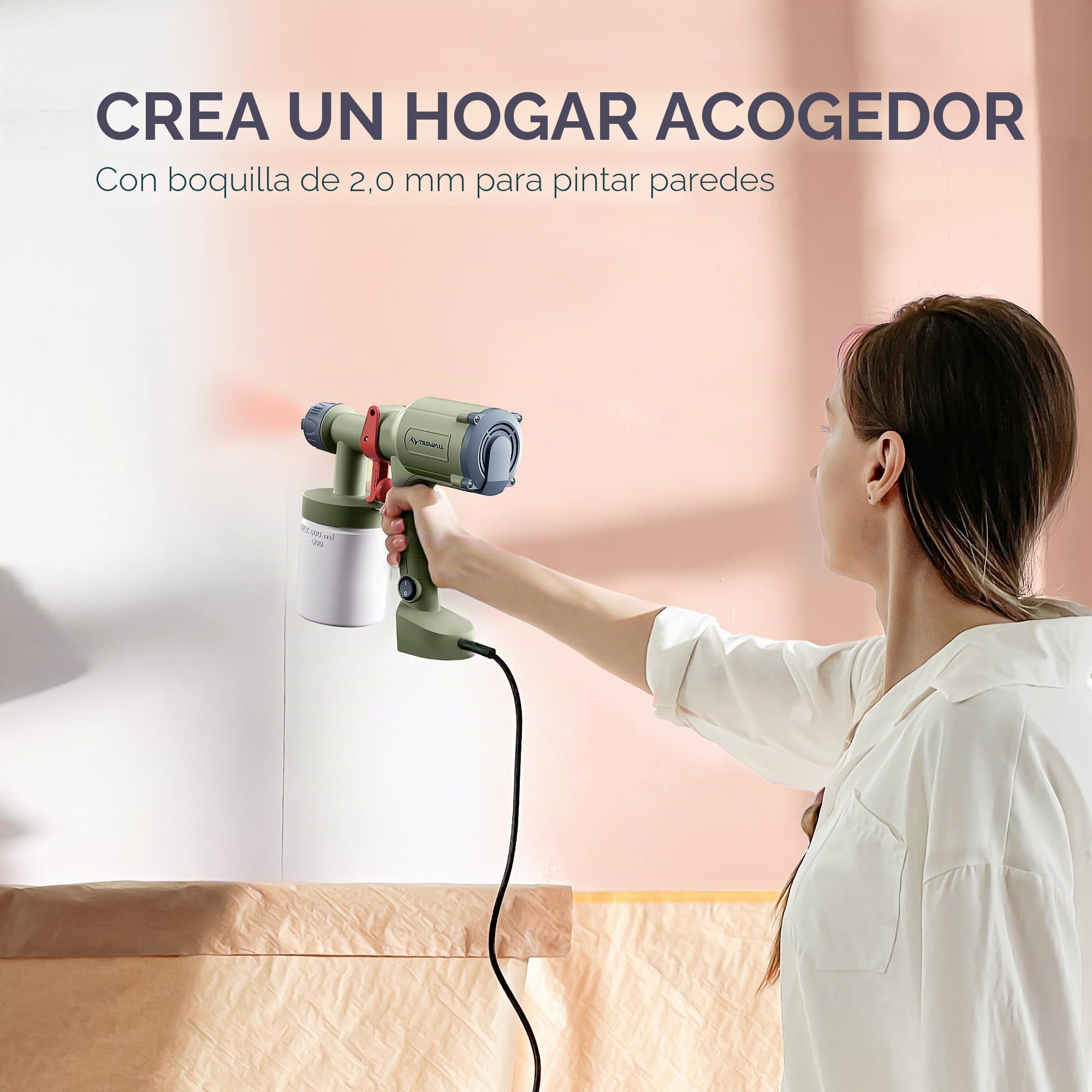 Tilswall Pistola de Pintura Eléctrica - Pulverizador de Pintura Ultraligera con Tanque Desmontable De 600ml, 2 Boquillas & 3 Modos, Paredes, Techos, Muebles, Vallas, Jardín, Verde Oliva