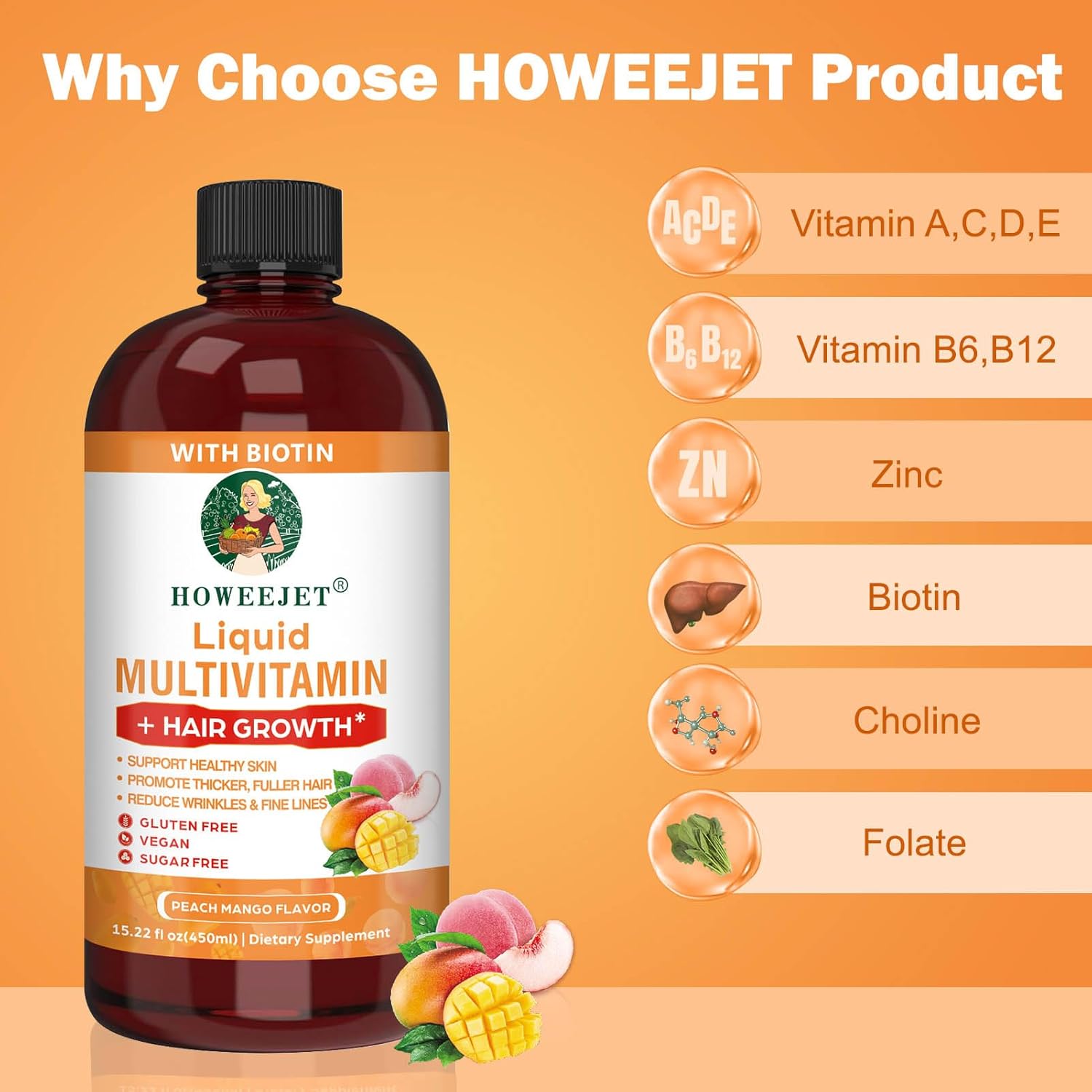 Liquid Biotin 10,000mcg Multivitamin for Women & Men 18+, Hair Skin and Nails Supplement with B-Complex, Promotes Thicker Hair & Skin Elasticity,Liquid Hair Growth Vitamins,15.22 Fl Oz (1 bottle)