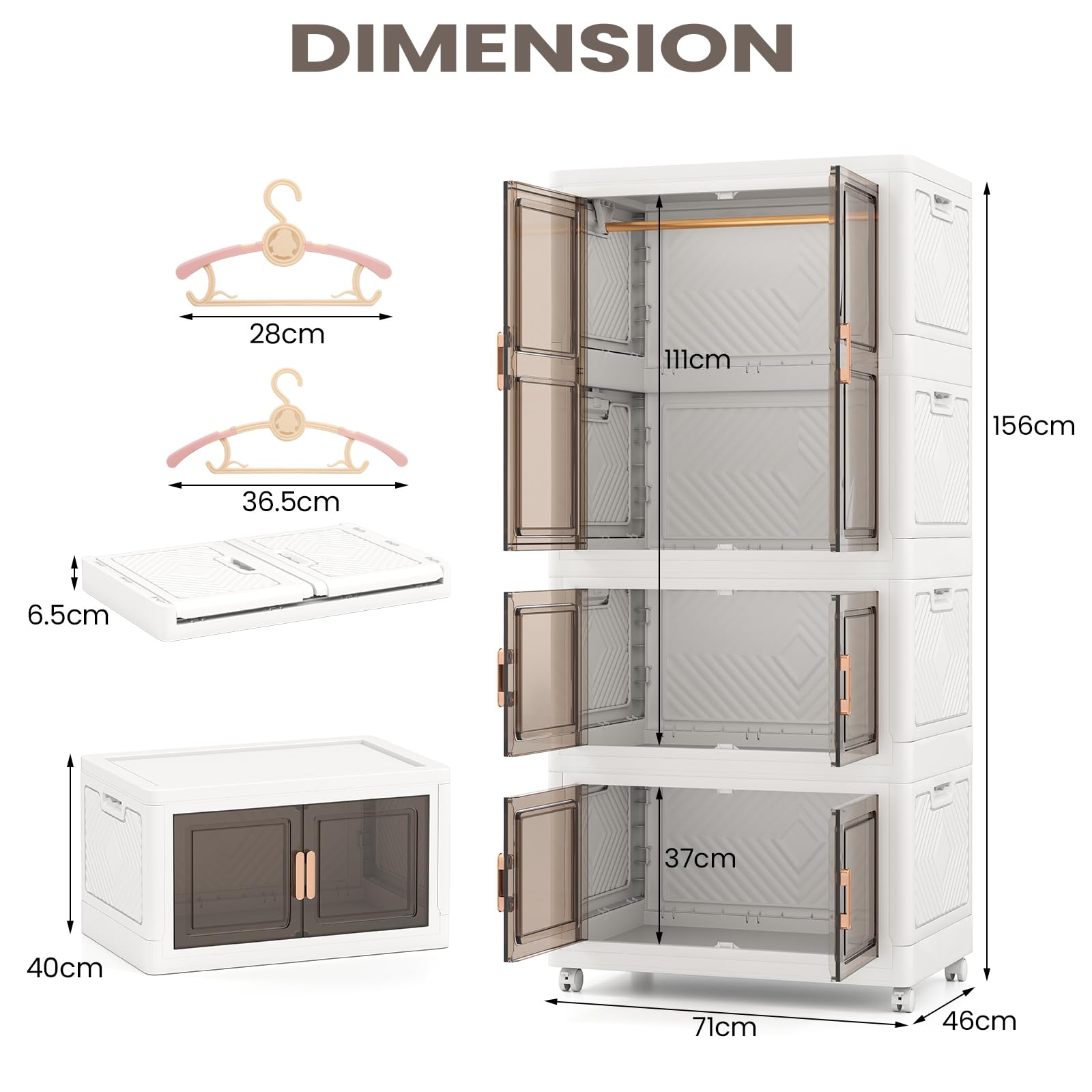 KOMFOTTEU Kleiderschrank mit 2 feststellbaren Rollen, Aufbewahrungsbox aus Kunststoff, mobiler Aufbewahrungsturm mit 10 Kleiderbügeln, 71 x 46 x 156 cm