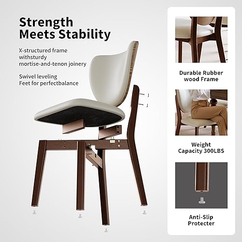 Miniatura 6 de Juego de 6 sillas de comedor de madera maciza, sillas de comedor tapizadas de cuero, respaldo curvado ergonómico, estructura de espiga de mortaja,