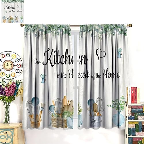 Miniatura 5 de Cortinas rústicas de cocina de granja, hojas verdes florales de primavera, cortinas retro de tablones de madera campestre para dormitorio, comedor,