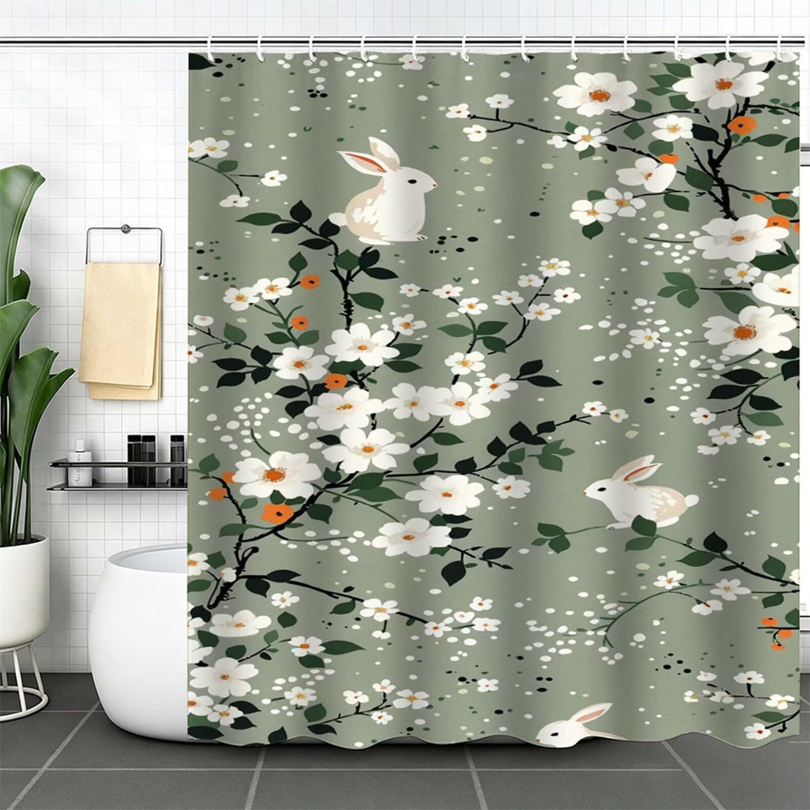 Tenda Doccia 200x250cm Verde salvia Tenda per Doccia con 12 Anelli, Bordo Ponderato, Polyester Tessuto Lavabile, Asciugatura Rapida, Facile da Pulire, per Bagno Dormitorio Hotel fiore J-521