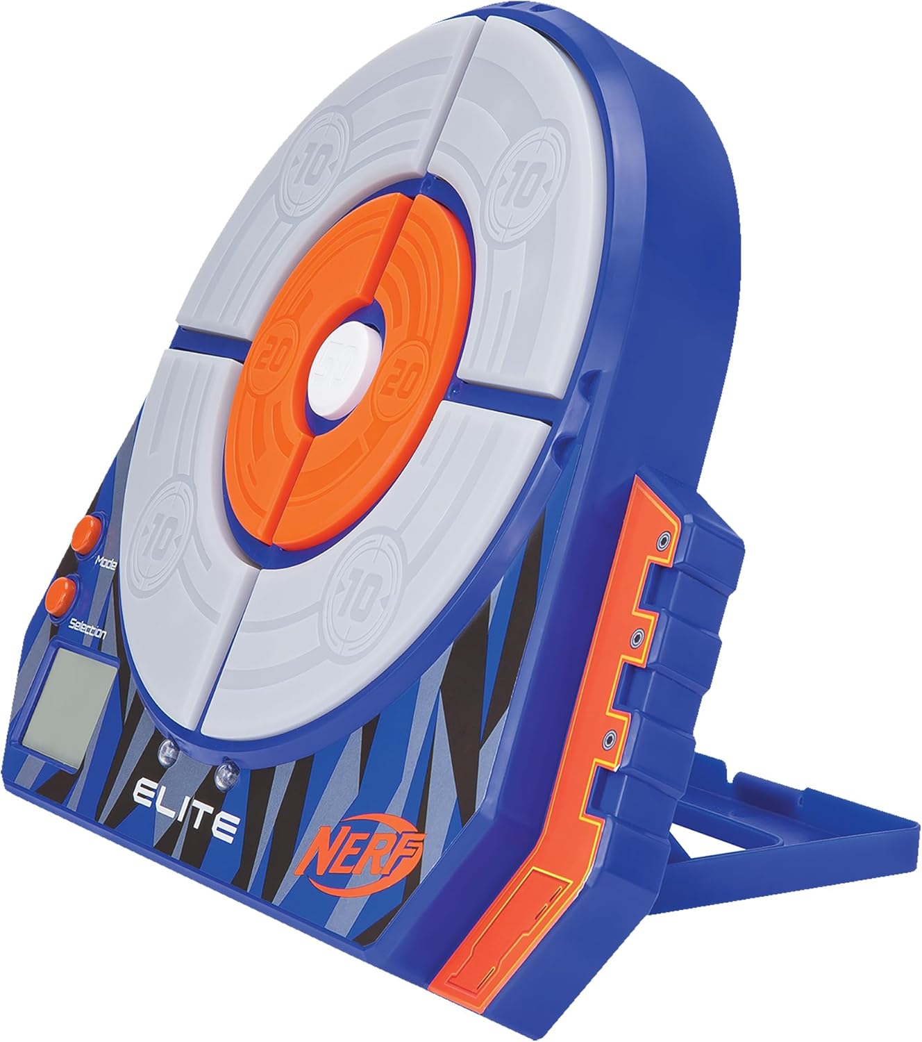 Vinklet view of the Nerf Elite Electronic Target showing its integrated stand