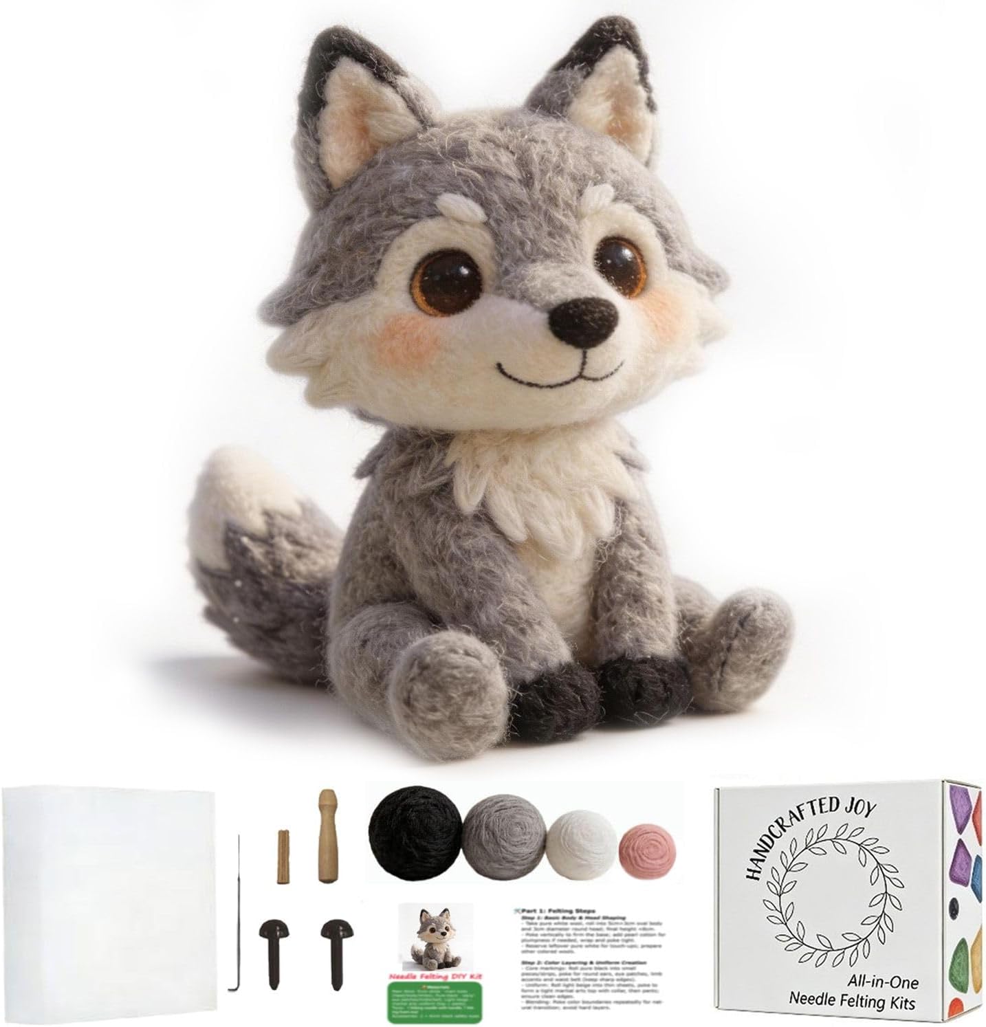FACE N FACE DIY Needle Felting Kit Cute Wolf Pup – Needle Felting Starter Kit with Fiber Roving, Needles, Felting Pad & Instructions | Felted Wild Animal Kit for Beginners Adults | DIY Craft Gift
