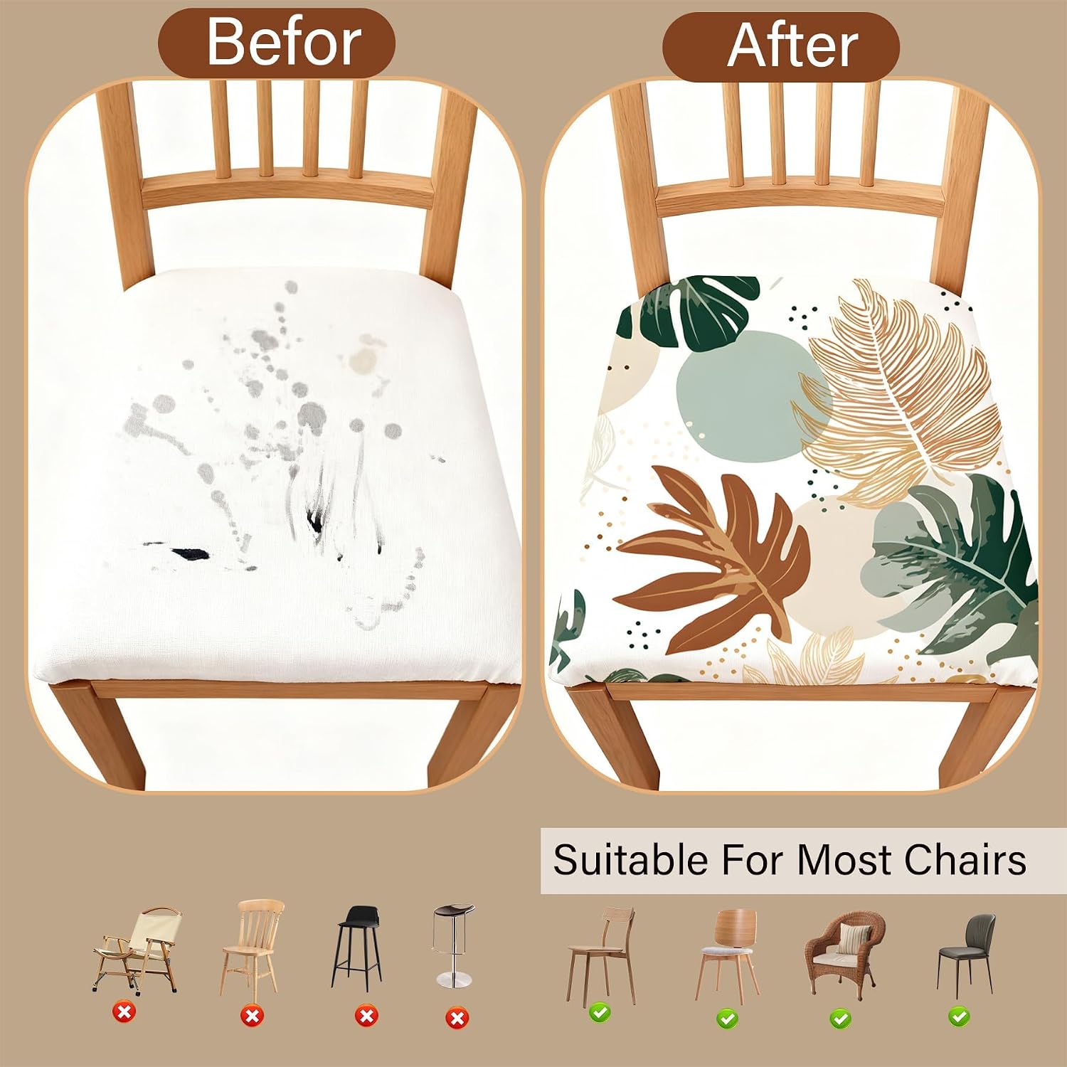 Chair Covers - Elastic Printed Dining Chair Slipcovers, Removable Washable with Elastic Band, Anti-Slip，Protective Covers for Dining Chair Cushions (Type 15, 6-Piece Set)