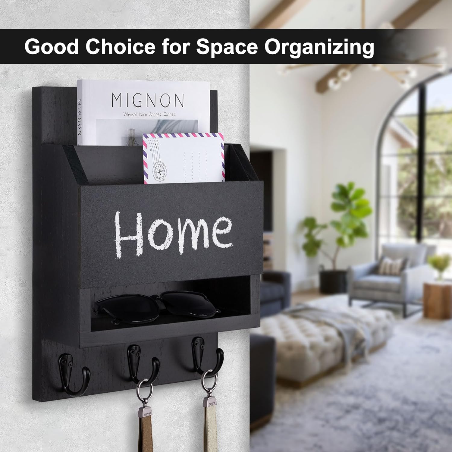 Key and Mail Holder for Wall, Key Holder with Chalkboard and Long Storage Box, Key Hanger with 3 Sturdy Hooks for Coat, Dog Leash, Entryway Mail Organizer (Black)