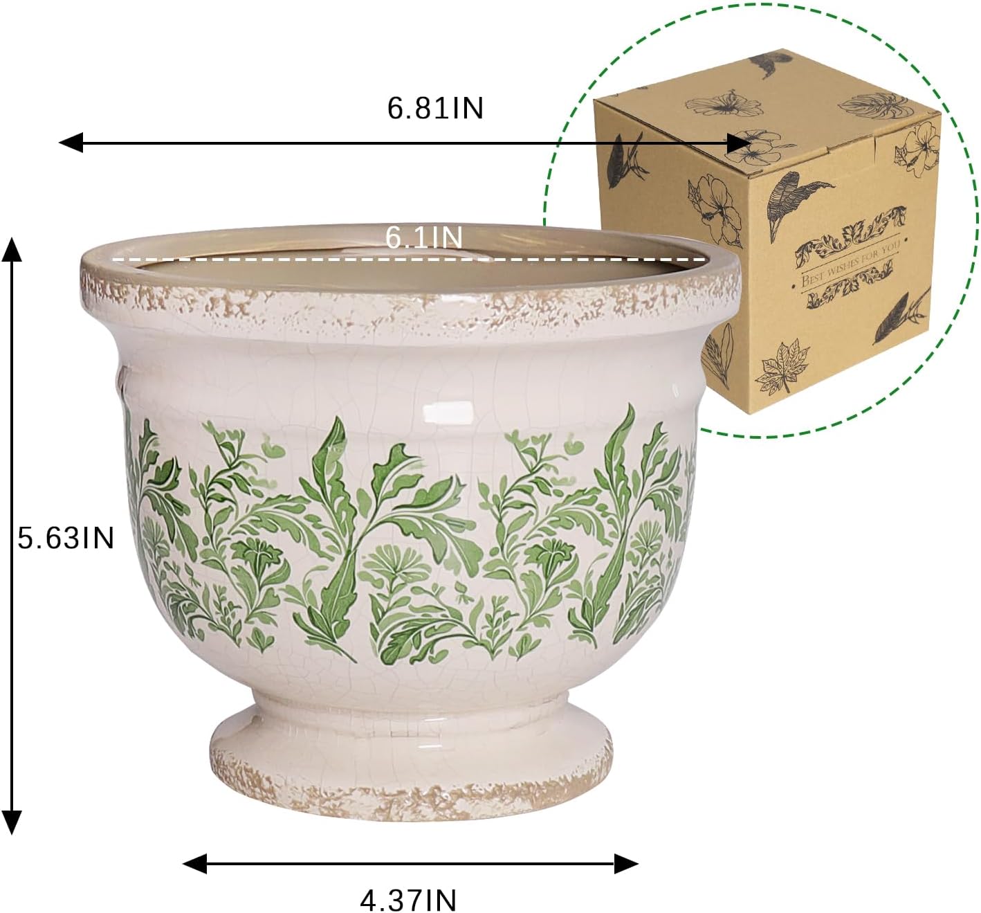 Vintage Ceramic Planter Pot with Drainage, 6.8 Inch Large Crackle Glaze Flower Pot with Green Floral Leaf Pattern for Succulents, Flowers, Farmhouse Country Rustic Planters for Gardening Gift