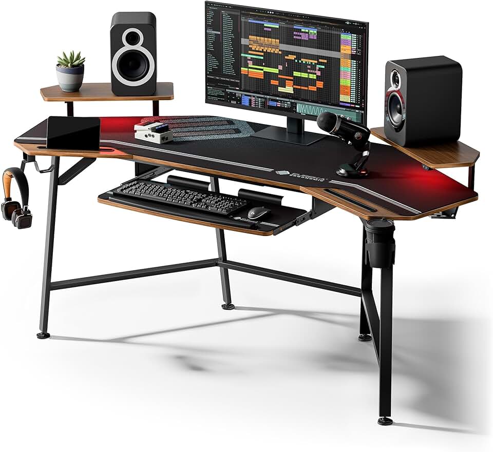 EUREKA ERGONOMIC 72" Gaming Desk W Keyboard Tray, Wing-Shaped Music Studio Desk, Large Computer Table W LED Convertible Monitor Stand Dual Headphone Hanger for Recording Live Streamer, Walnut Wood