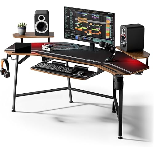 EUREKA ERGONOMIC 72" Gaming Desk W Keyboard Tray, Wing-Shaped Music Studio Desk, Large Computer Table W LED Convertible Monitor Stand Dual Headphone Hanger for Recording Live Streamer, Walnut Wood